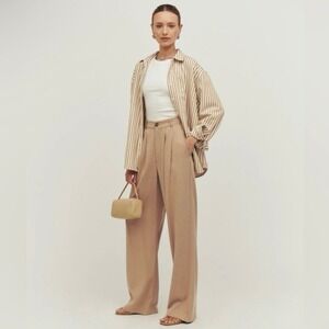 Reformation Mason Khaki Trousers High Waist Pleated Wide Leg Career Pants Size 0